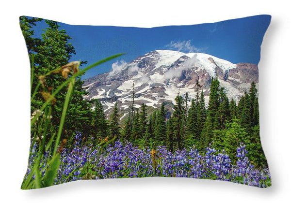 Mt Rainier with purple flowers - Throw Pillow