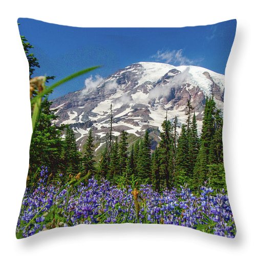 Mt Rainier with purple flowers - Throw Pillow
