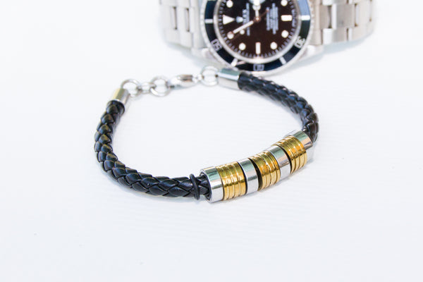 BOHO Bracelet - Black Braid with Bronze and Silver Tone Stainless Steel Rings