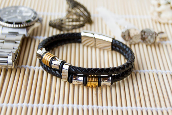 Dual Black Leather Banded bracelet with Bronze and Silver toned Stainless Steel charms