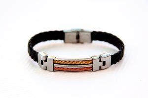 TrendyBracelets.Biz.Black Braided Leather Bracelet with Stainless Steel - Copper Tone and Bronze Tone Accents