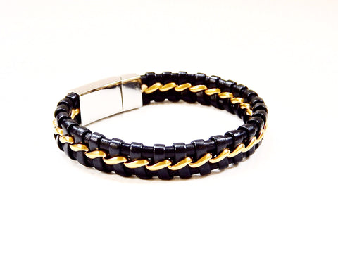 TrendyBracelets.Biz.Daily Deal - Black Leather and Stainless Steel Bracelet with Bronze Tone Ribbon