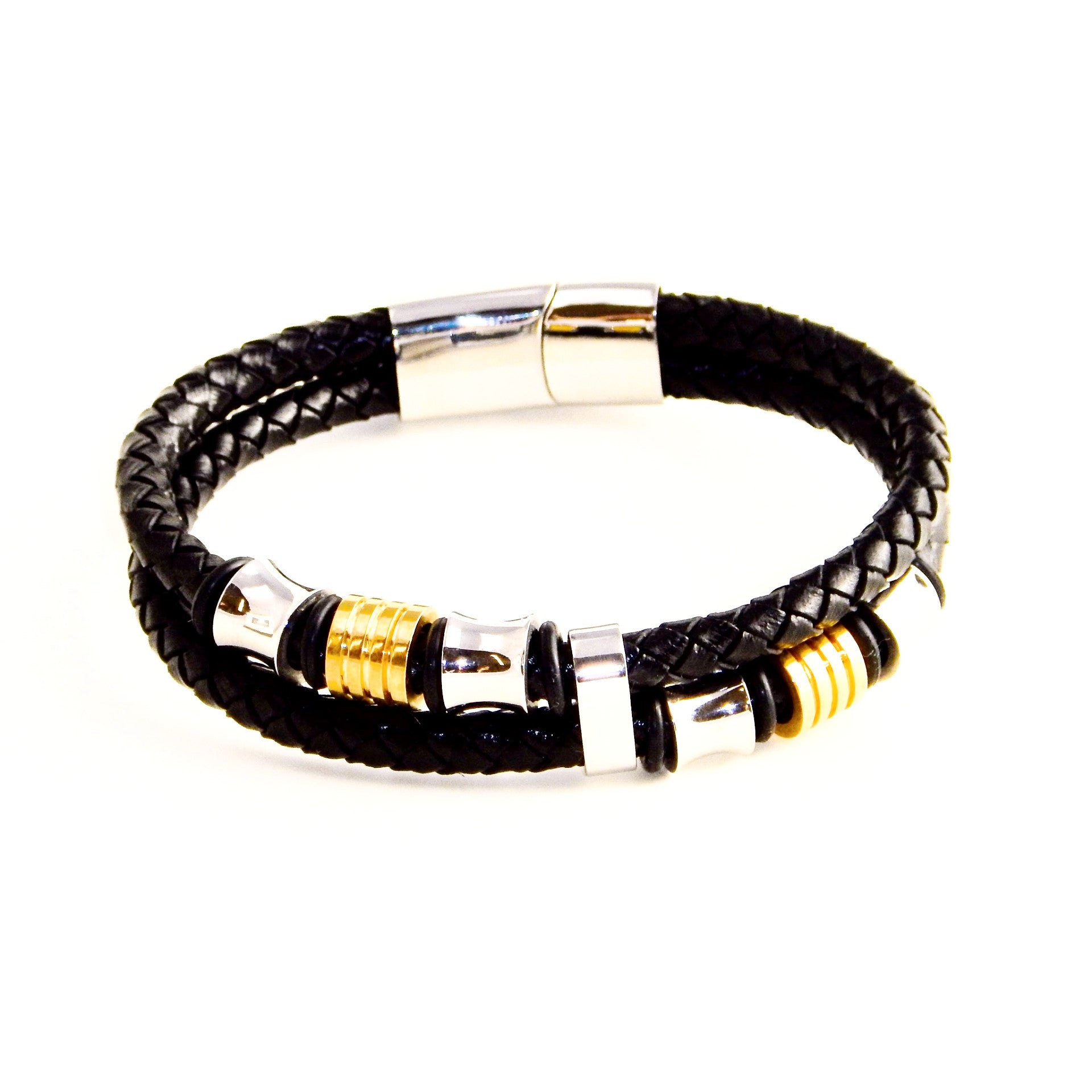 TrendyBracelets.Biz.Dual Black Leather Banded bracelet with Bronze and Silver toned Stainless Steel charms