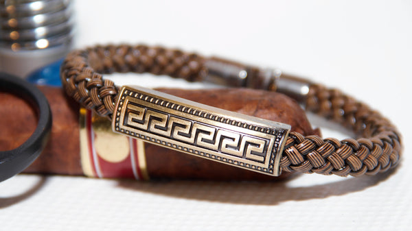 Aztec Charm on Brown Woven Italian Style Leather Bracelet