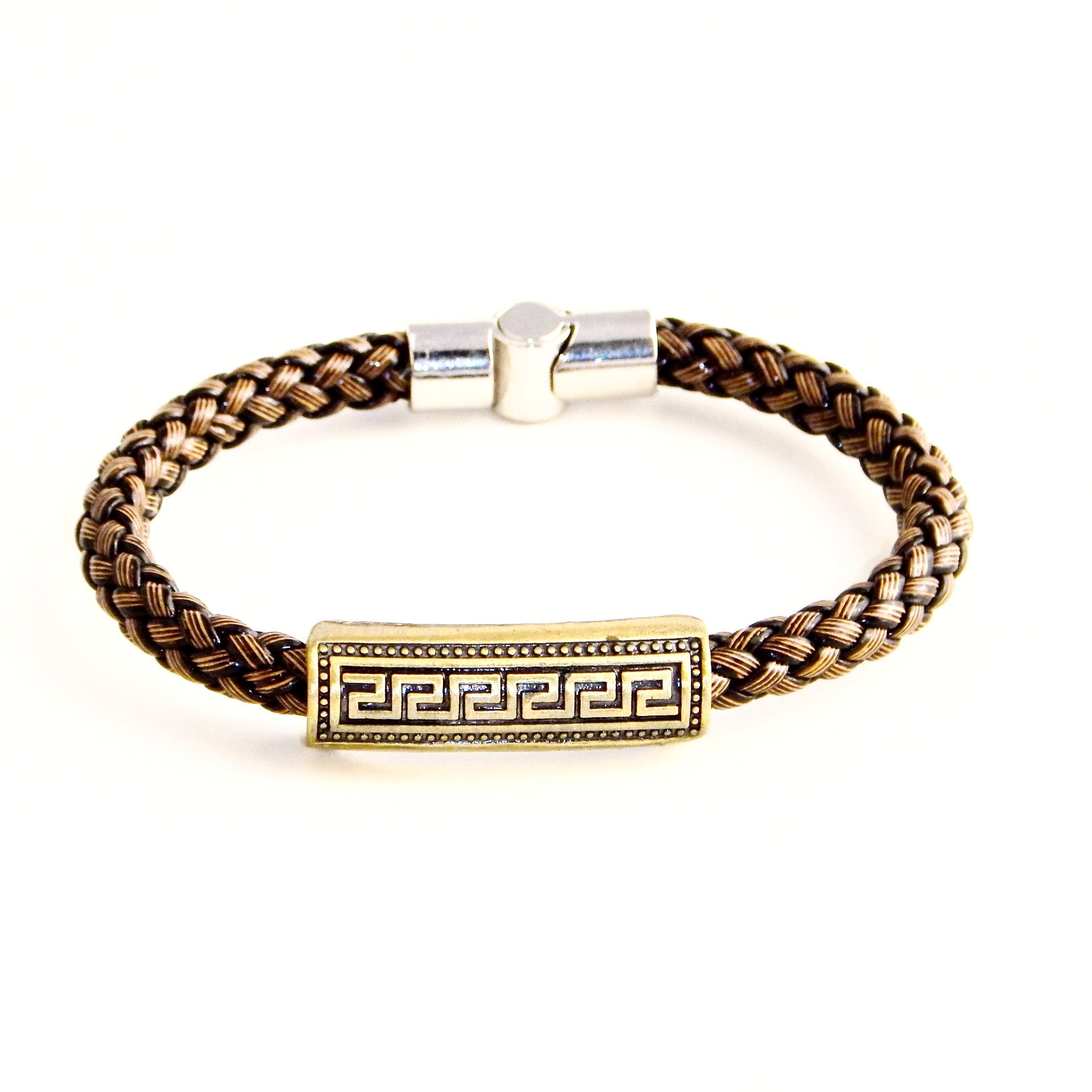 TrendyBracelets.Biz.Greek Key Charm on Italian Style Brown Leather Braided Bracelet