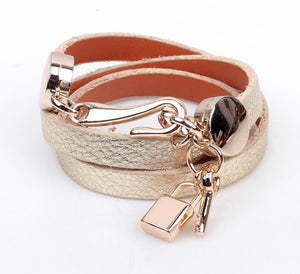 TrendyBracelets.Biz.Leather Wrap Bracelet with Lock and Key