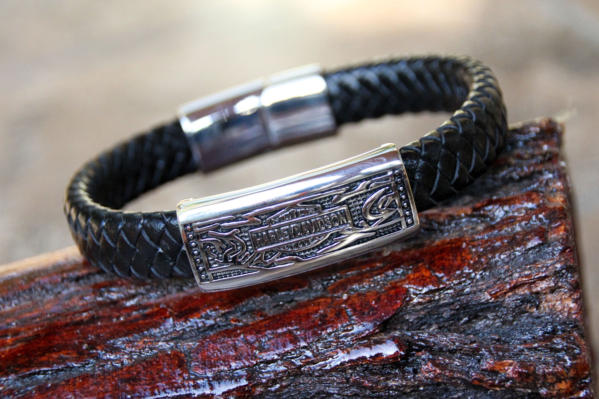Harley Davidson Bracelet - Black Leather and Stainless Steel