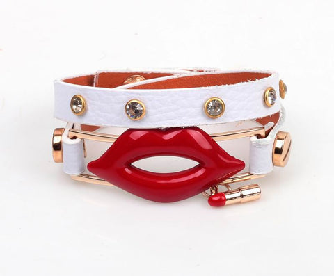 TrendyBracelets.Biz.Red Lips and Lipstick Fashion Wrap Leather Bracelet