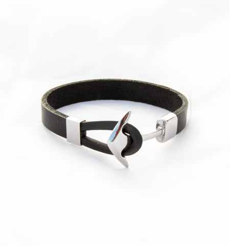 TrendyBracelets.Biz.Black Leather Bracelet with Stainless Steel Anchor