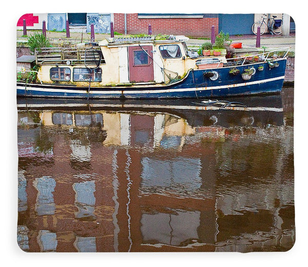 Boat Reflection on Amsterdam Canal - Blanket