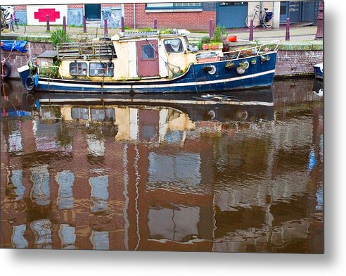 Boat Reflection on Amsterdam Canal - Metal Print