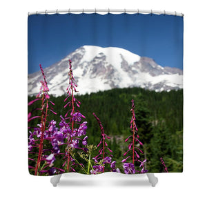 Mt Rainier with purple flowers - Shower Curtain