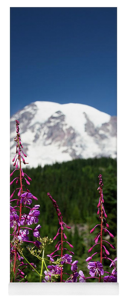 Mt Rainier with purple flowers - Yoga Mat
