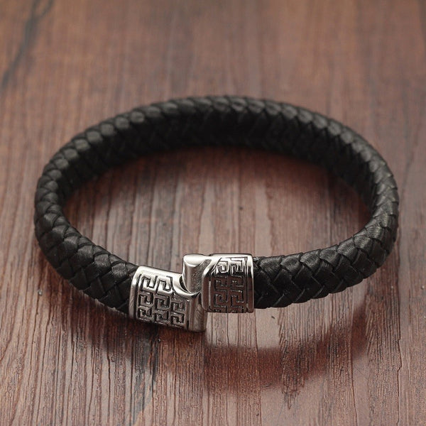 TrendyBracelets.Biz.Vintage Black Leather Bracelet with Stainless Steel Magnetic Clasps - LPH938